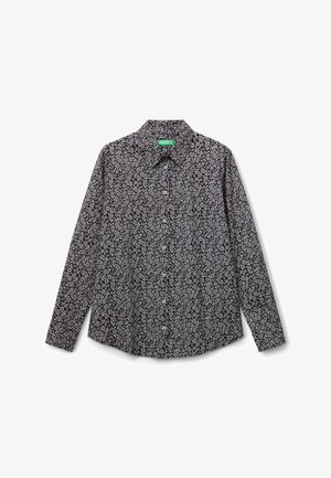 Zwarte longsleeve shirt met een wit bloemmotief, knoopsluiting aan de voorkant en een puntige kraag. Gemaakt van lichtgewicht stof.