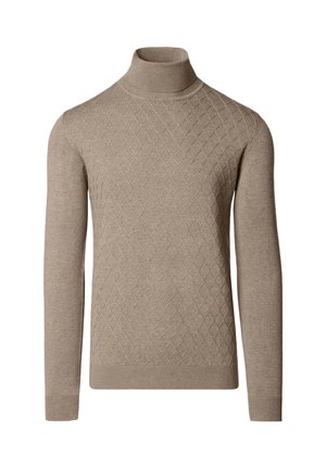 Beżowy sweter z golfem, wykonany na drutach, z diamentowym wzorem z przodu i długimi rękawami.