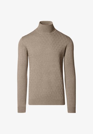 Beżowy sweter z golfem, wykonany na drutach, z diamentowym wzorem z przodu i długimi rękawami.