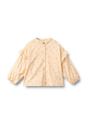 Licht perzikkleurige blouse met lange mouwen, een kleine bloemenprint, knoopsluiting aan de voorkant, gerimpelde schouderdetails en elastische manchetten.