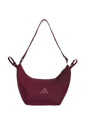 Bolso pequeño de hombro granate con una única correa, cierre de cremallera y sutil logotipo de Adidas en el centro delantero.