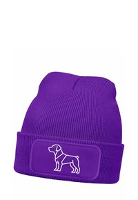Purple knit beanie with a ribbed texture, featuring a white dog silhouette on a rectangular patch at the front.