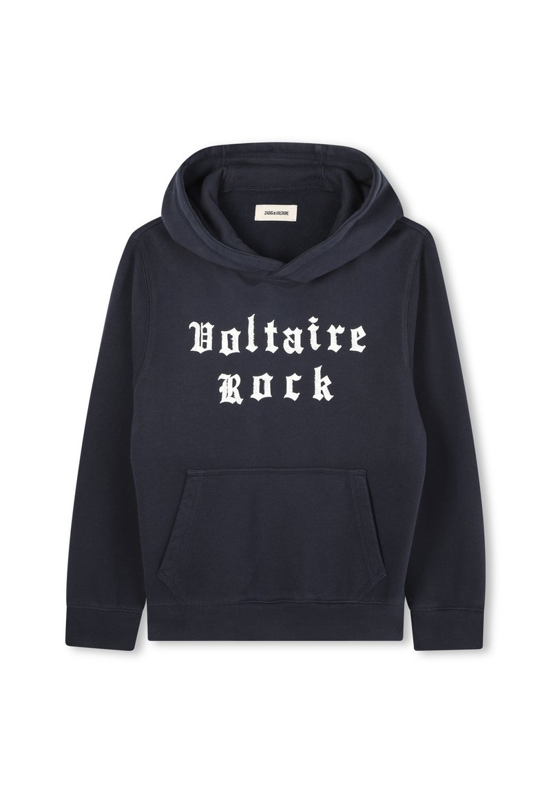 Sweat à capuche bleu marine en coton, avec poche avant, capuche à cordon de serrage et texte "Voltaire Rock" en blanc dans une police gothique en gras.