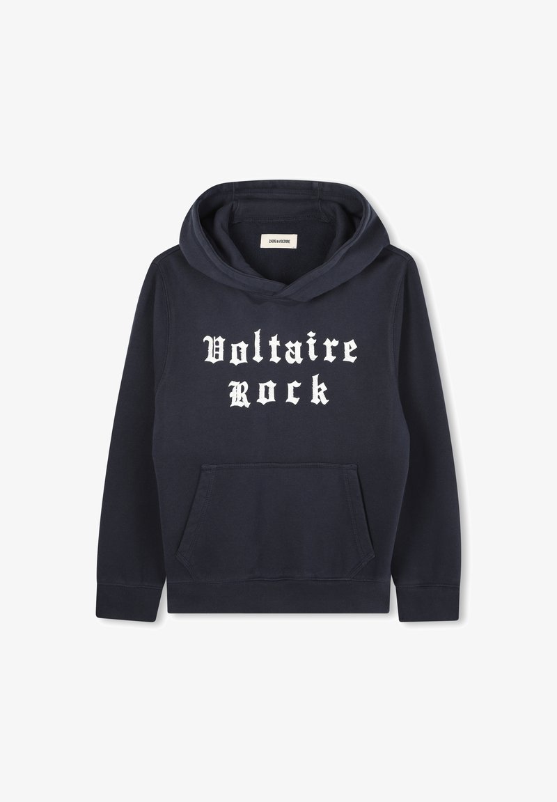 Marineblauwe hoodie van katoen, met een voorzak, een trekkoordkap en witte "Voltaire Rock" tekst in vette gothic lettertype.
