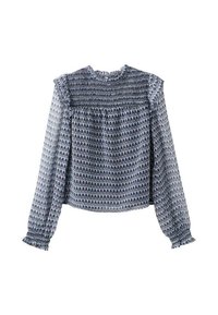 Blusa a fantasia in tessuto leggero e strutturato. Presenta un corpetto arricciato, maniche lunghe con polsini a volant e una combinazione di colori blu e bianco.