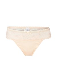 Panties di un delicato pesca chiaro con orlo in pizzo, morbidi al tatto e con un piccolo fiocco sul davanti, caratterizzati da un design a vita bassa.
