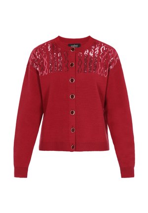 Rød strikket cardigan med rund hals, knaplukning foran og pailletdetaljer på den øverste front. Har ribbede manchetter og kant.
