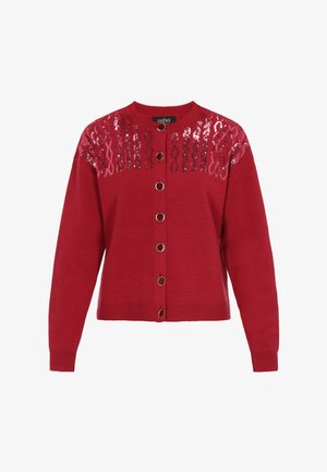 Cardigan tricotat roșu, cu guler rotund, închidere cu nasturi și detalii cu paiete pe partea superioară din față. Prezintă manșete și tiv cu nervuri.