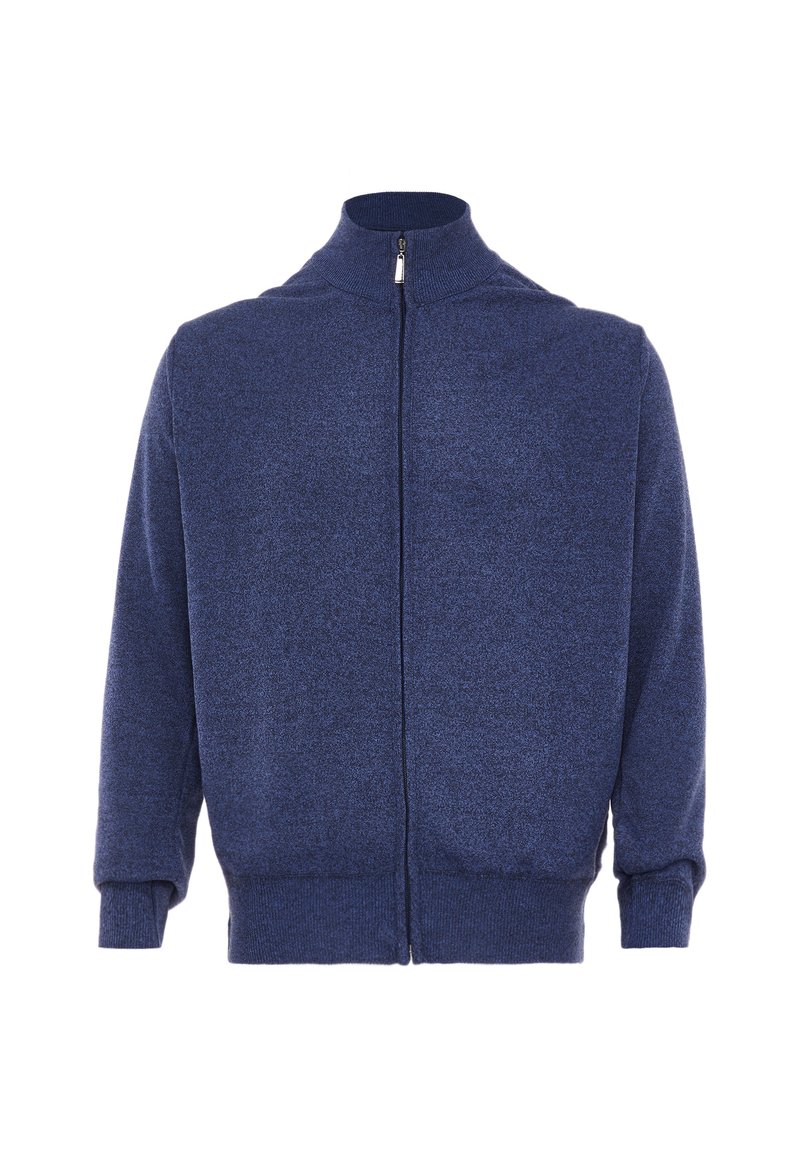 Cardigan blu navy con zip, colletto alto, polsini a coste e tessuto testurizzato. Presenta una zip a tutta lunghezza e una vestibilità comoda.