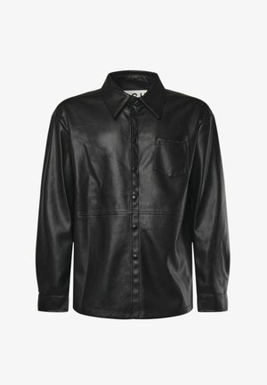 Zwart langharig nepleren overhemd met knopen aan de voorkant, puntige kraag, borstzak en zichtbare stiksel details.