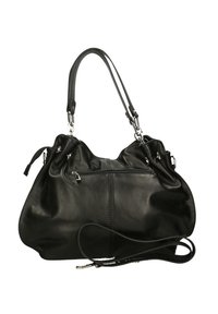 Borsa a mano in pelle nera con design arricciato, doppi manici, dettagli in metallo e molteplici tasche con zip per l'organizzazione.