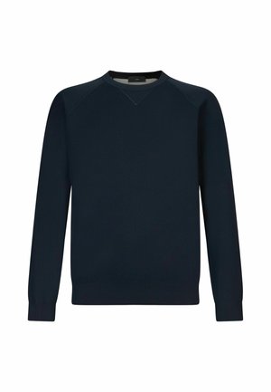 Sötétkék pulóver kerek nyakkivágással, hosszú raglán ujjakkal, bordás mandzsettákkal és aljjal, puha kötött anyagból készült, diszkrét textúrával.