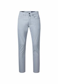 Jean en denim bleu clair avec une coupe droite, cinq poches et une fermeture à glissière. Présente des coutures discrètes et une texture lisse et douce.