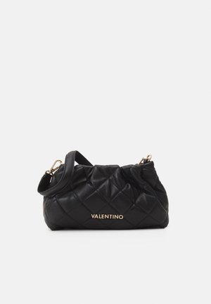 Black quilted leather Valentino shoulder bag with gold hardware and detachable strap, soft padded design.