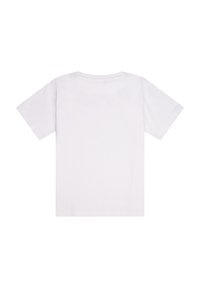 Weißes Baumwoll-T-Shirt, kurzärmlig, Rundhalsausschnitt, glatte Textur, schlicht ohne Logos oder Muster, rückwärts präsentiert.