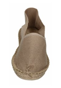 Brown espadrille, canvas upper with a textured finish, open heel, and stitched jute sole. Simple, classic design.