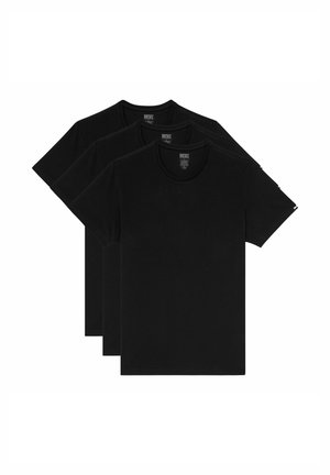 Drei schlichte schwarze Diesel-T-Shirts mit kurzen Ärmeln und Rundhalsausschnitt, auf einem weißen Hintergrund gestapelt.