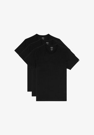 Drei schlichte schwarze Diesel-T-Shirts mit kurzen Ärmeln und Rundhalsausschnitt, auf einem weißen Hintergrund gestapelt.