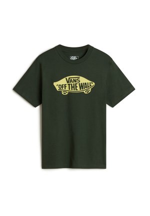 Dunkelgrünes Baumwoll-T-Shirt mit einem gelben "Vans 'OFF THE WALL'" Logo-Graphic, zentriert auf der Vorderseite. Kurze Ärmel und Rundhalsausschnitt.