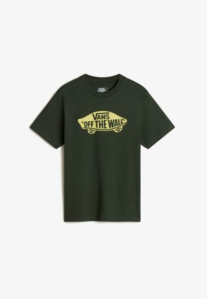 Dunkelgrünes Baumwoll-T-Shirt mit einem gelben "Vans 'OFF THE WALL'" Logo-Graphic, zentriert auf der Vorderseite. Kurze Ärmel und Rundhalsausschnitt.