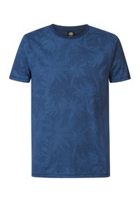 Blauwe T-shirt met korte mouwen, voorzien van een getextureerd, tonale bladpatroon. Gemaakt van zachte stof en heeft een ronde hals.