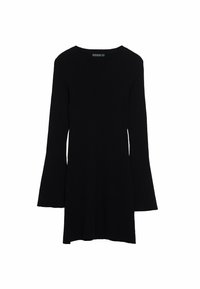 Robe longue noire en maille côtelée à manches longues avec poignets évasés et encolure ronde, longueur au-dessus du genou.