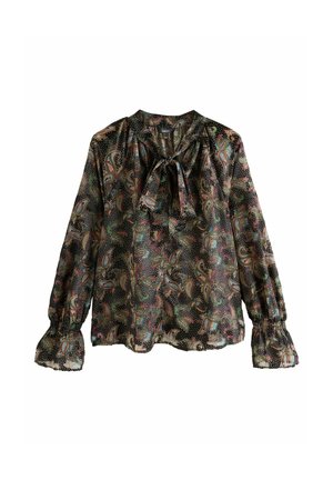 Blusa nera con maniche lunghe, dotata di un motivo paisley dai colori vivaci, design con laccio al collo e polsini arricciati. Tessuto leggero.