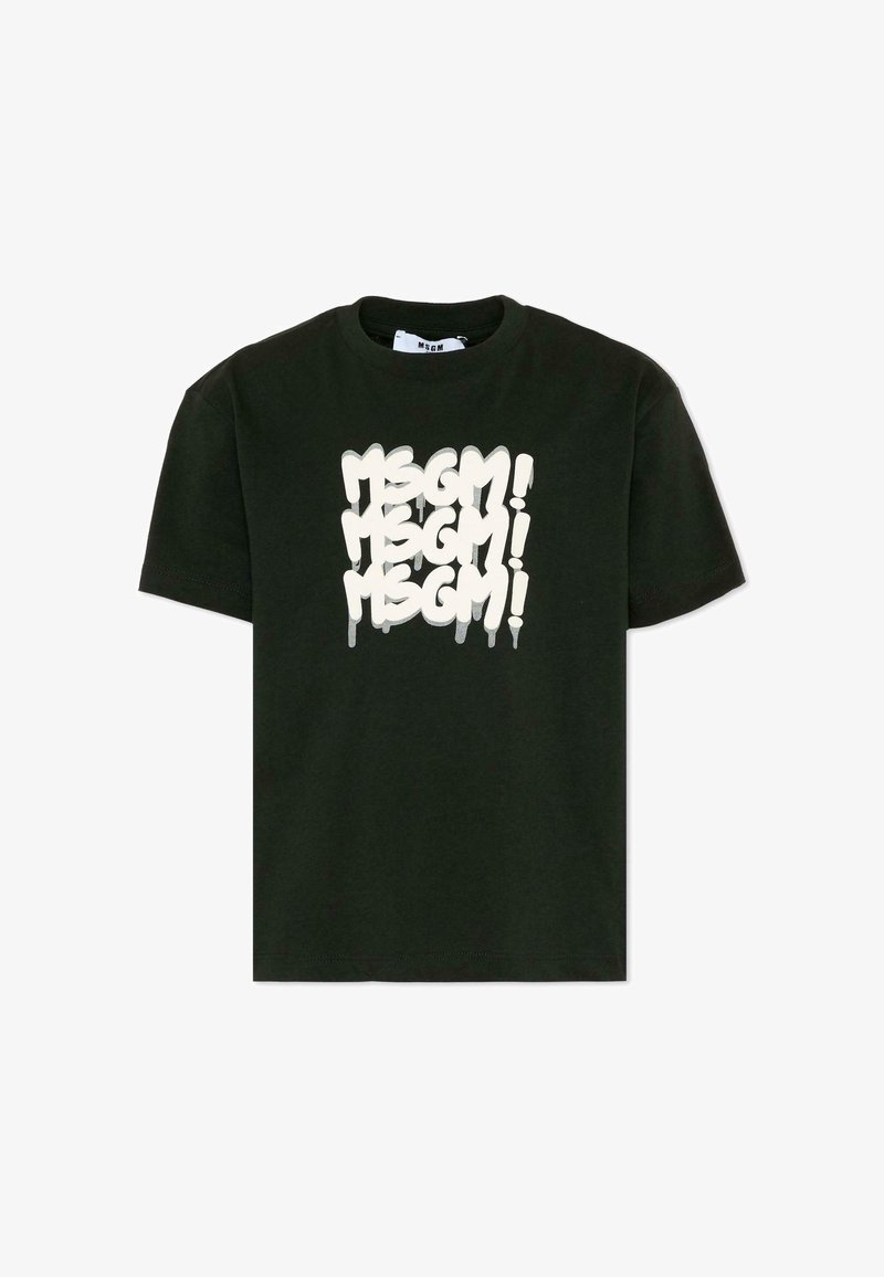 T-shirt noir à manches courtes avec trois logos MSGM! blancs empilés en style peinture qui coule sur le devant.