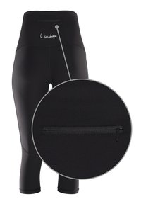Black capri leggings with a high waistband and a small zippered pocket at the back, made of stretchy, smooth material. Features logo at the waist.