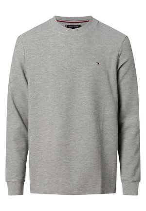 Grijze sweatshirt met lange mouwen, ronde hals, ribgebreide boorden, textuurstof en een klein logo op de linkerborst.