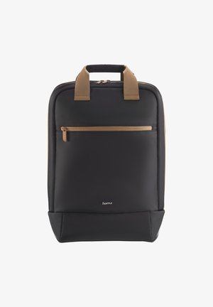 Black backpack with tan accents, featuring a front zip pocket, padded shoulder straps, and durable material. Smooth texture and rectangular shape.
