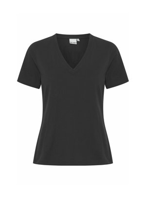 Black short-sleeve t-shirt with a v-neck, made of a smooth fabric. Features a fitted cut and minimal stitching detail at the hem.