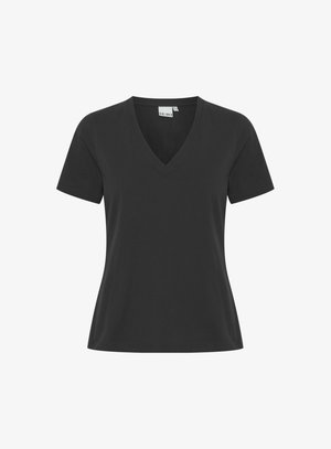Black short-sleeve t-shirt with a v-neck, made of a smooth fabric. Features a fitted cut and minimal stitching detail at the hem.