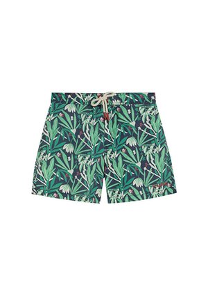 Bañador corto de hombre con estampado de hojas y flores tropicales en verde y blanco, con cordón delantero con puntas rojas.