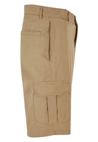 Shorts cargo beiges en tissu léger, avec des poches latérales, une poche rectangulaire et une coupe droite classique.
