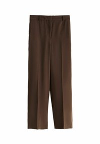 Braune, plissierte Hose mit lockerer Passform, die eine glatte Textur und einen maßgeschneiderten Bund aufweist. Knöchellanges Design ohne sichtbare Verzierungen.