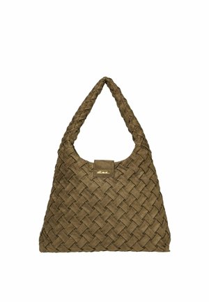 Braune gewebte Lederschultertasche mit breitem Riemen und kleinem Klappenverschluss vorne.