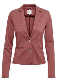 Přiléhavý blůzón v jemně růžové barvě s dlouhými rukávy, klopami ve stylu notched, dvěma předními knoflíky a dvěma vodorovnými kapsami.
