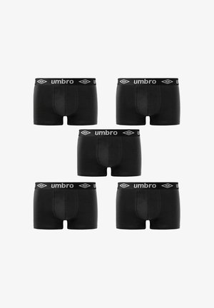 Cinq boxers noirs pour hommes avec des ceintures élastiques marquées Umbro, disposés en deux rangées sur un fond blanc.