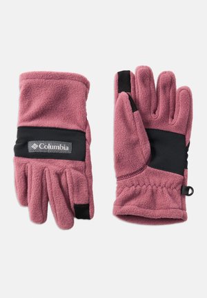 Paire de gants en polaire rose avec des renforts noirs sur les paumes et le logo Columbia sur la zone du poignet.