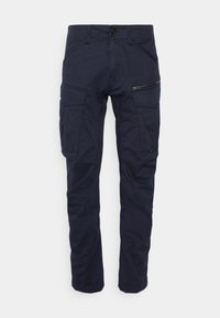 Marinblå cargobyxor tillverkade av hållbart tyg, med flera fickor, knappstängning framtill och en dragkedjeficka på sidan för extra funktionalitet.