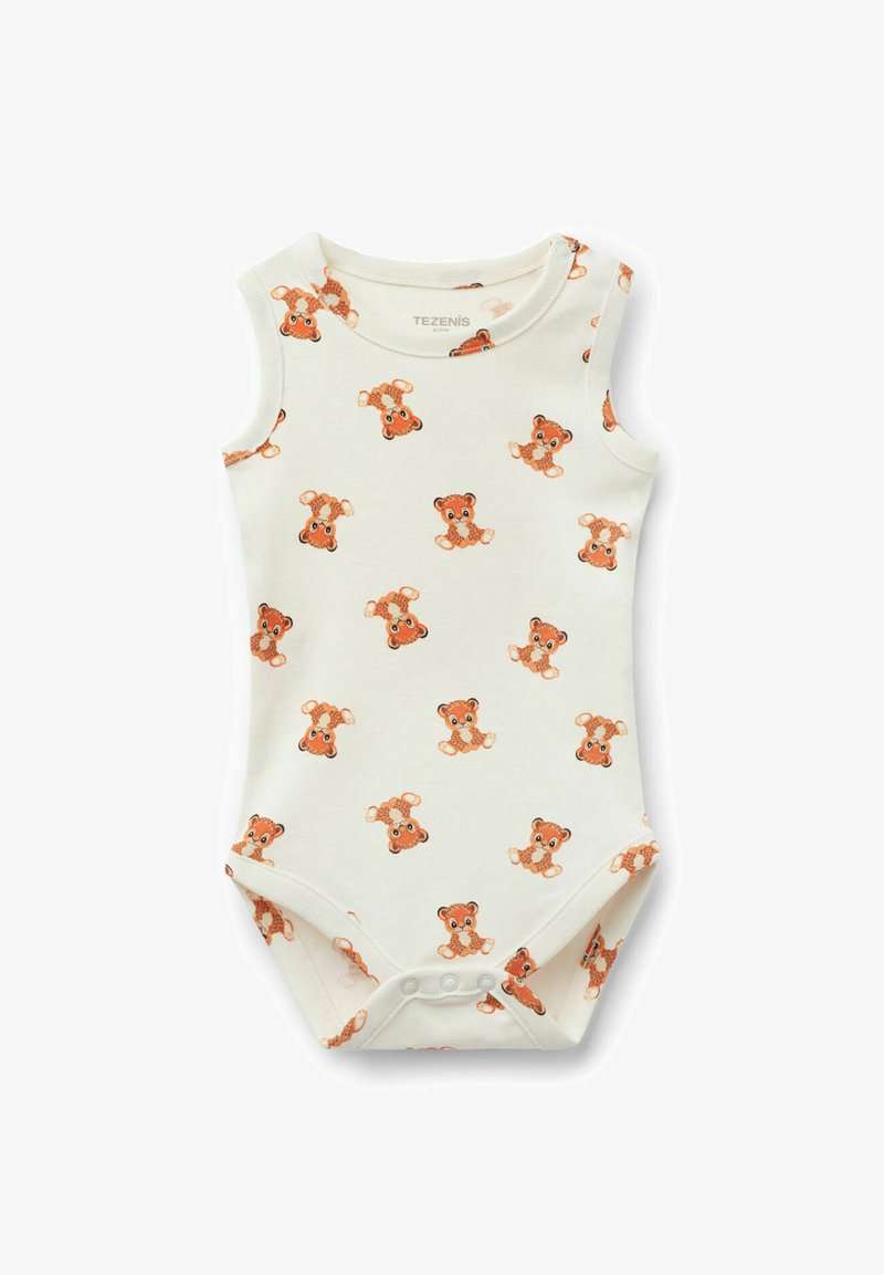 Biała bawełniana koszulka bez rękawów z nadrukiem w kolorowe misie w odcieniach pomarańczowym i czarnym, z zapięciem na napy na dole.