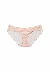 Koronkowe i bawełniane majteczki bikini w delikatnym różowym kolorze. Posiadają falbaniasty koronkowy wykończenie oraz małą kokardkę na środku przodu.
