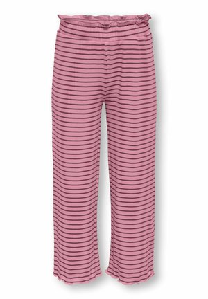 Lyserøde bukser med vandrette mørke striber, elastisk taljebånd, vide ben og flæsekant, vist på en hvid baggrund.