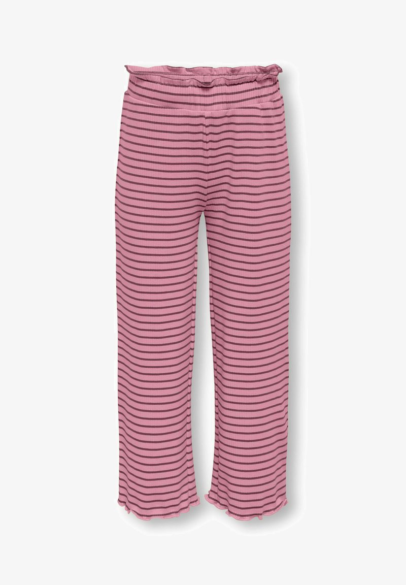 Lyserøde bukser med vandrette mørke striber, elastisk taljebånd, vide ben og flæsekant, vist på en hvid baggrund.