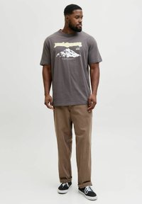 Siva majica s potiskom gore in besedilom na sprednji strani, kombinirana s rjavimi hlačami in črnimi supergami. Priložnostna, sproščen kroj, kratki rokavi.