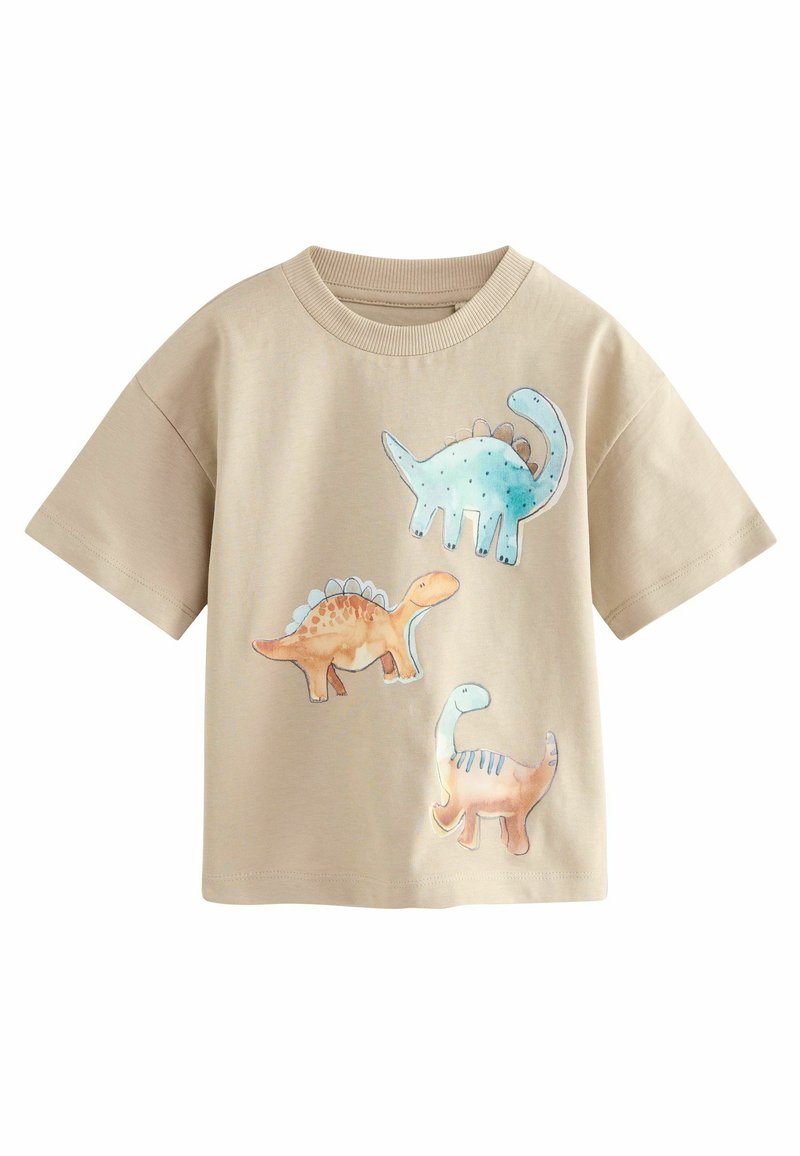 Beež puuvillane T-särk, millel on kolm värvilist dinosauruse illustratsiooni: sinine, millel on täpid, oranž ja roosa, millel on triibud.