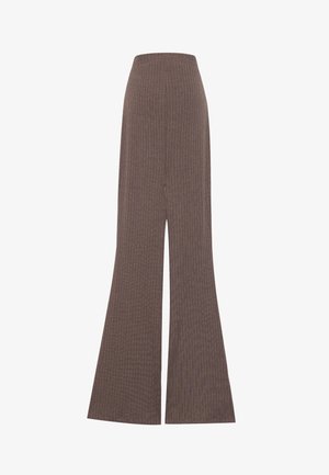 Pantaloni a gamba larga rigati marroni con un'alta vita elastica, caratterizzati da una texture liscia e una silhouette a campana per un fit rilassato.
