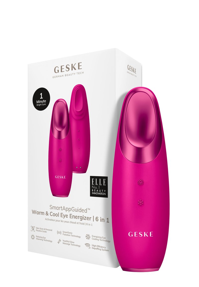 Lyserød enhed med et glat, afrundet design, der har knapper til temperaturkontrol. Æsken fremhæver seks funktioner og branding.