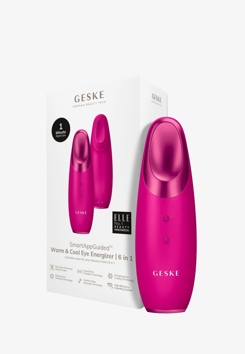 Lyserød enhed med et glat, afrundet design, der har knapper til temperaturkontrol. Æsken fremhæver seks funktioner og branding.